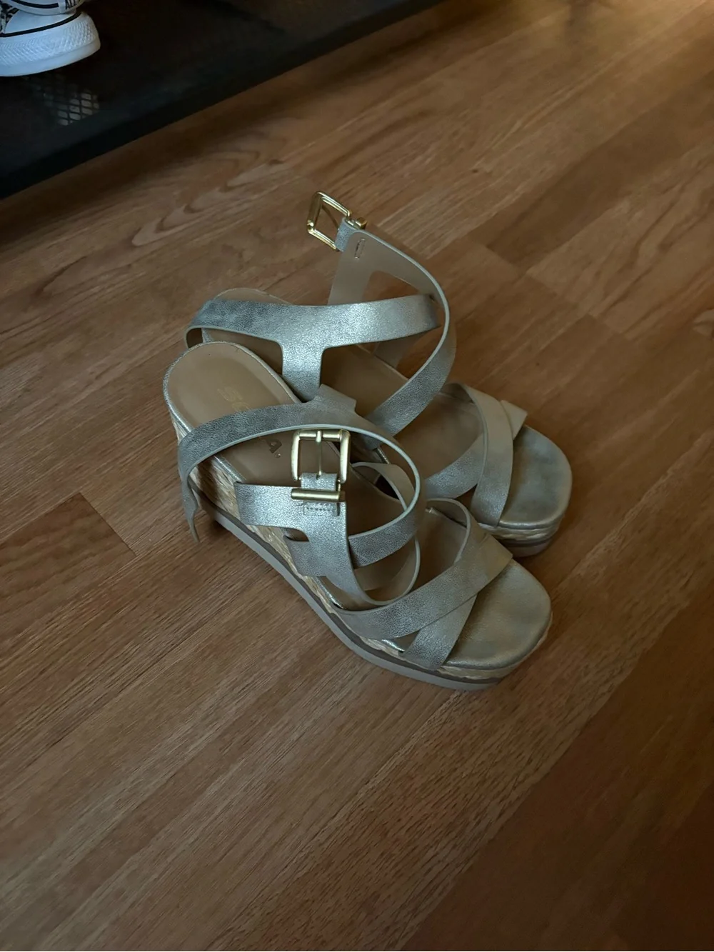 Soda Metallic Gold Crisscross Wedge Sandals